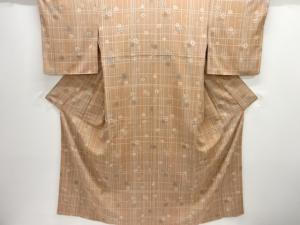 格子に草花模様小紋着物